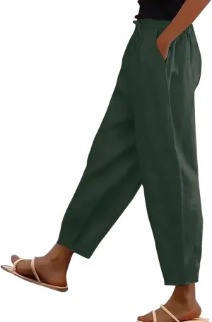 Women's Casual Linen Pants Classy Elastic Waist Trendy Striped Side Button Capri Straight Leg Baggy Pant with Pockets