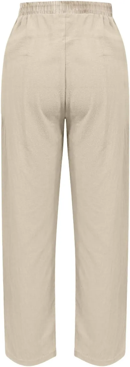 Women's Casual Linen Pants Classy Elastic Waist Trendy Striped Side Button Capri Straight Leg Baggy Pant with Pockets