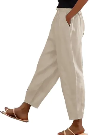 Women's Casual Linen Pants Classy Elastic Waist Trendy Striped Side Button Capri Straight Leg Baggy Pant with Pockets