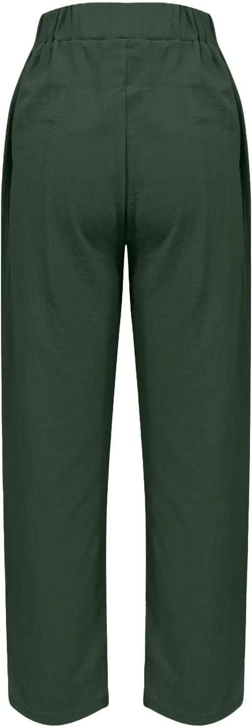 Women's Casual Linen Pants Classy Elastic Waist Trendy Striped Side Button Capri Straight Leg Baggy Pant with Pockets