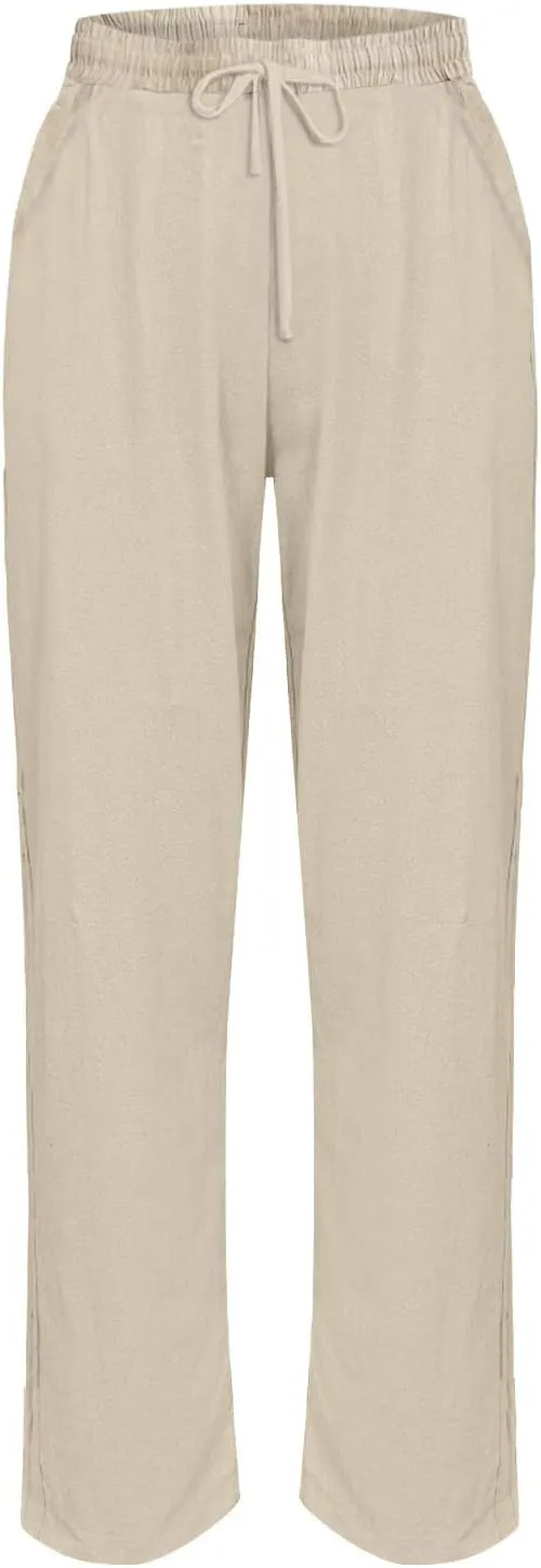 Women's Casual Linen Pants Classy Elastic Waist Trendy Striped Side Button Capri Straight Leg Baggy Pant with Pockets