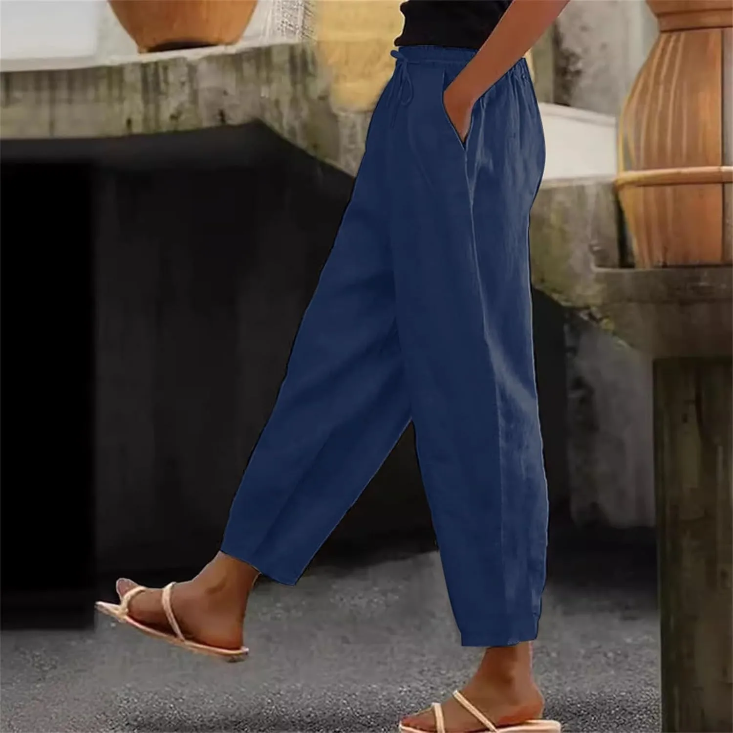 Women's Casual Linen Pants Classy Elastic Waist Trendy Striped Side Button Capri Straight Leg Baggy Pant with Pockets