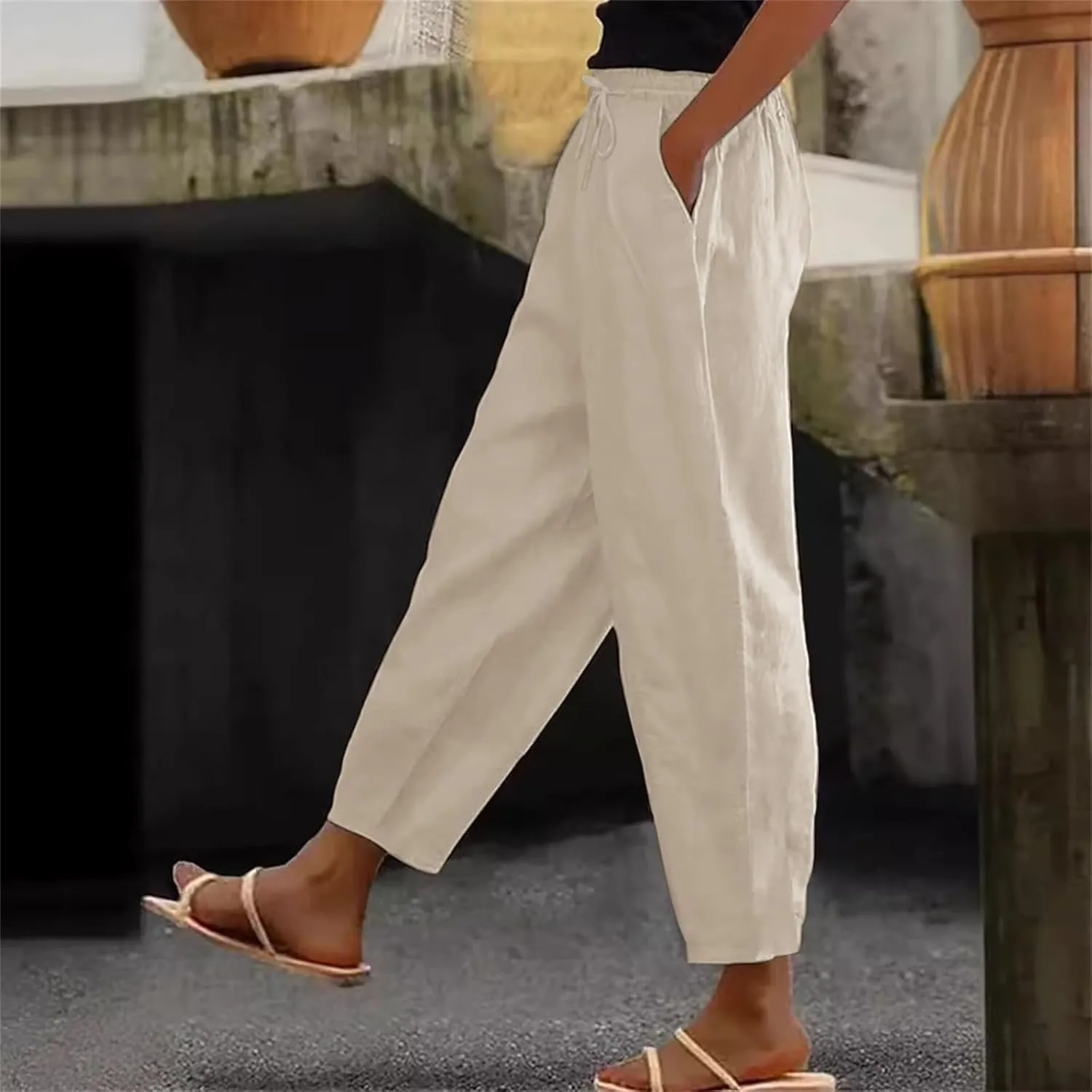 Women's Casual Linen Pants Classy Elastic Waist Trendy Striped Side Button Capri Straight Leg Baggy Pant with Pockets