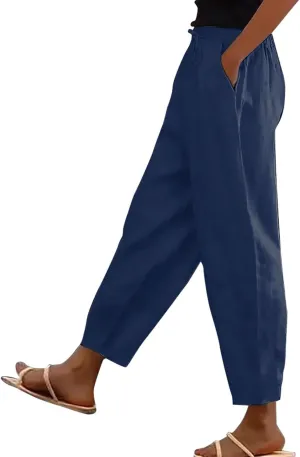 Women's Casual Linen Pants Classy Elastic Waist Trendy Striped Side Button Capri Straight Leg Baggy Pant with Pockets