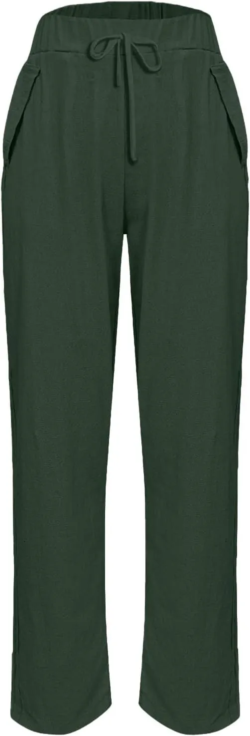 Women's Casual Linen Pants Classy Elastic Waist Trendy Striped Side Button Capri Straight Leg Baggy Pant with Pockets