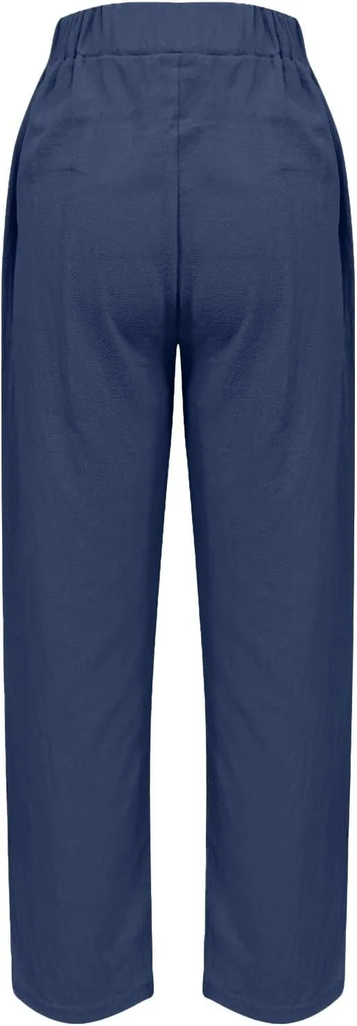 Women's Casual Linen Pants Classy Elastic Waist Trendy Striped Side Button Capri Straight Leg Baggy Pant with Pockets