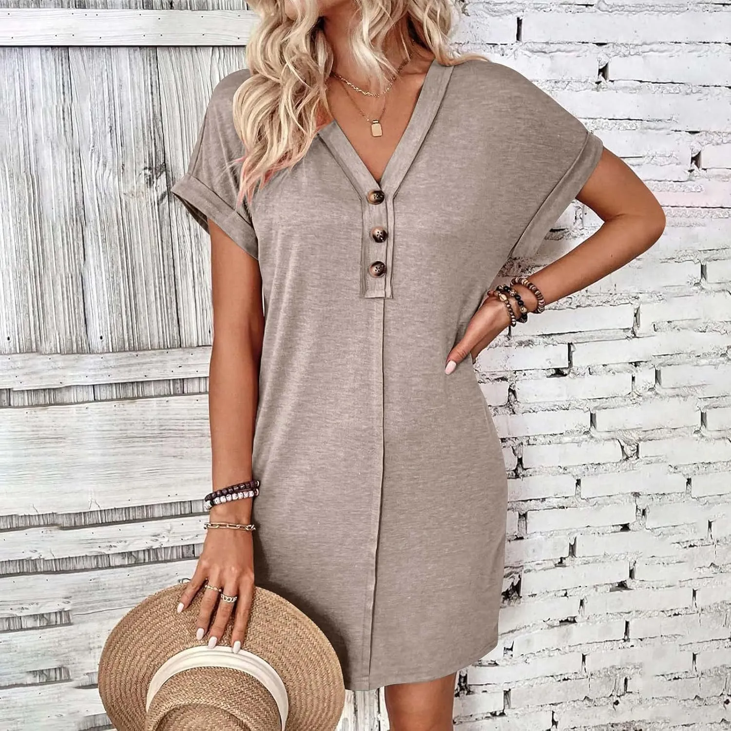 Women's Casual T Shirt Dress Button Up V Neck Tunic Dresses Summer Short Sleeve Mini Dresses Loose Sundresses