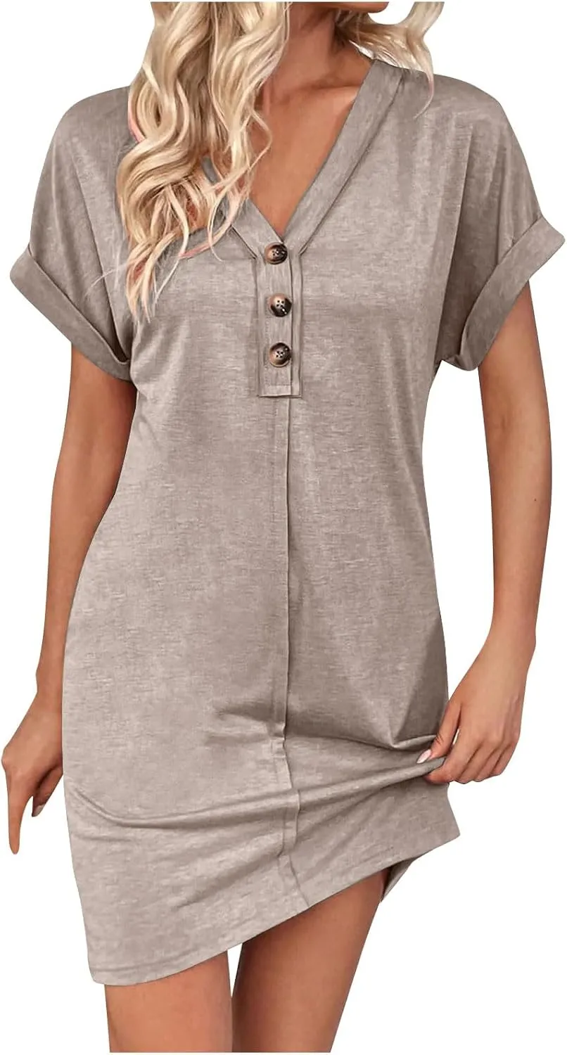 Women's Casual T Shirt Dress Button Up V Neck Tunic Dresses Summer Short Sleeve Mini Dresses Loose Sundresses