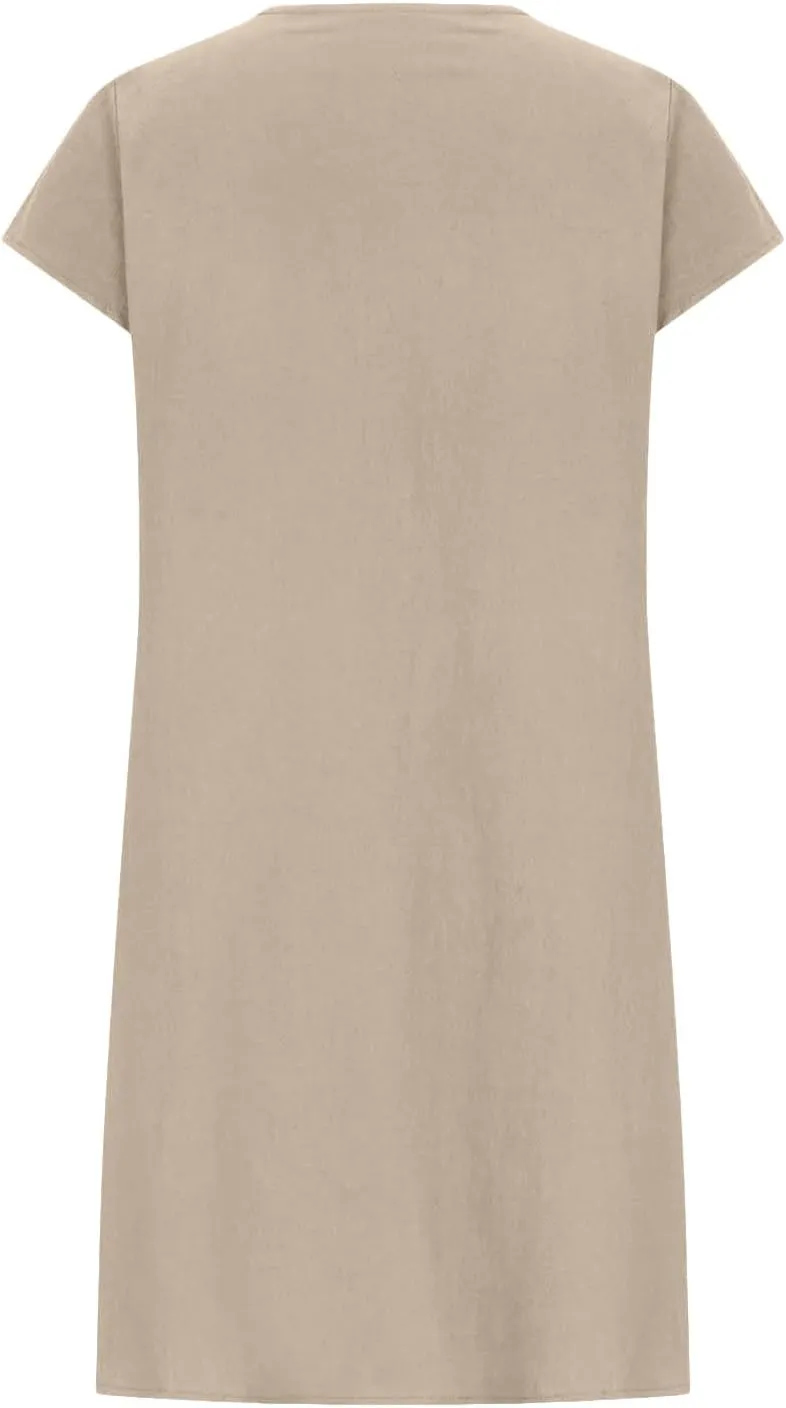 Womens Cotton Linen Midi Dress Crewneck Cap Sleeve Pleated Summer Dresses Plus Size Sundress Vacation Outfit 2025 S-5XL