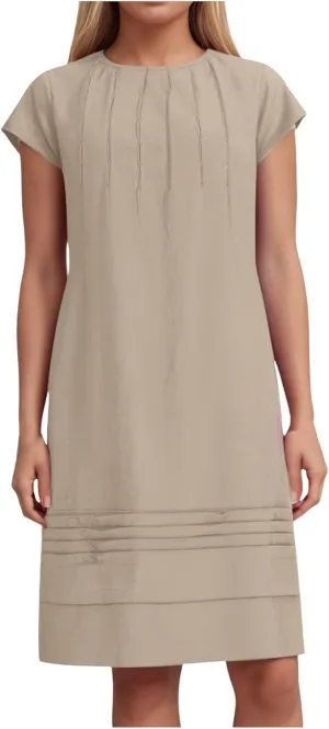 Womens Cotton Linen Midi Dress Crewneck Cap Sleeve Pleated Summer Dresses Plus Size Sundress Vacation Outfit 2025 S-5XL