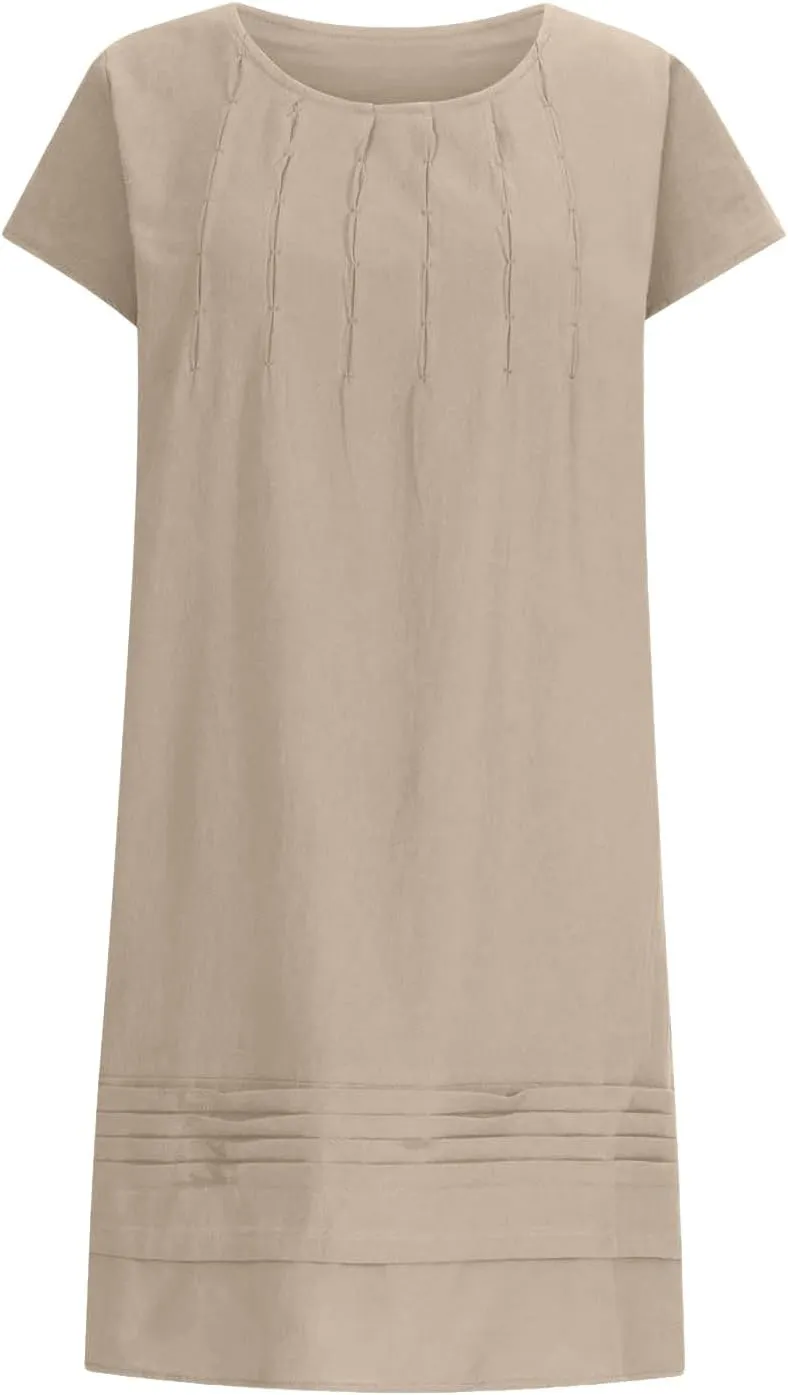 Womens Cotton Linen Midi Dress Crewneck Cap Sleeve Pleated Summer Dresses Plus Size Sundress Vacation Outfit 2025 S-5XL