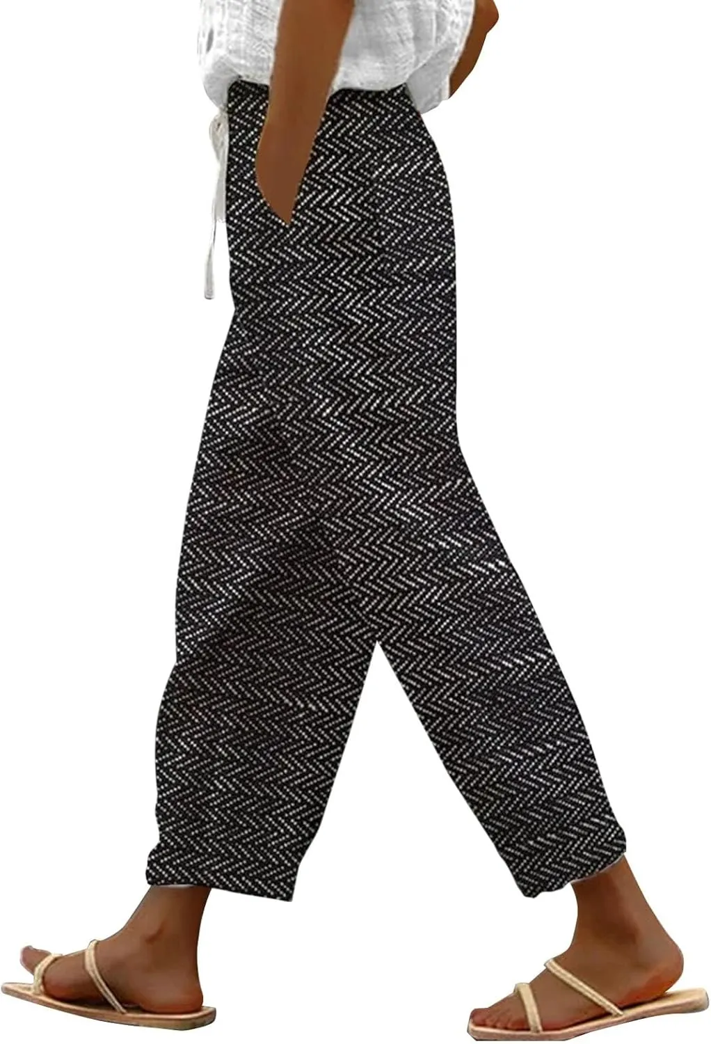Women's Cropped Linen Capris with Pockets, Adjustable Waist Wide-Leg Trousers Beach Vacations Casual Outdoor