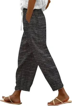Women's Cropped Linen Capris with Pockets, Adjustable Waist Wide-Leg Trousers Beach Vacations Casual Outdoor