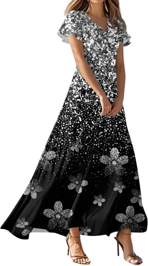 Womens Dresses Summer 2025 Fashion Midi Dress Floral Sleeve V Neck Long Flowy Boho Casual Beach Vacation Dress