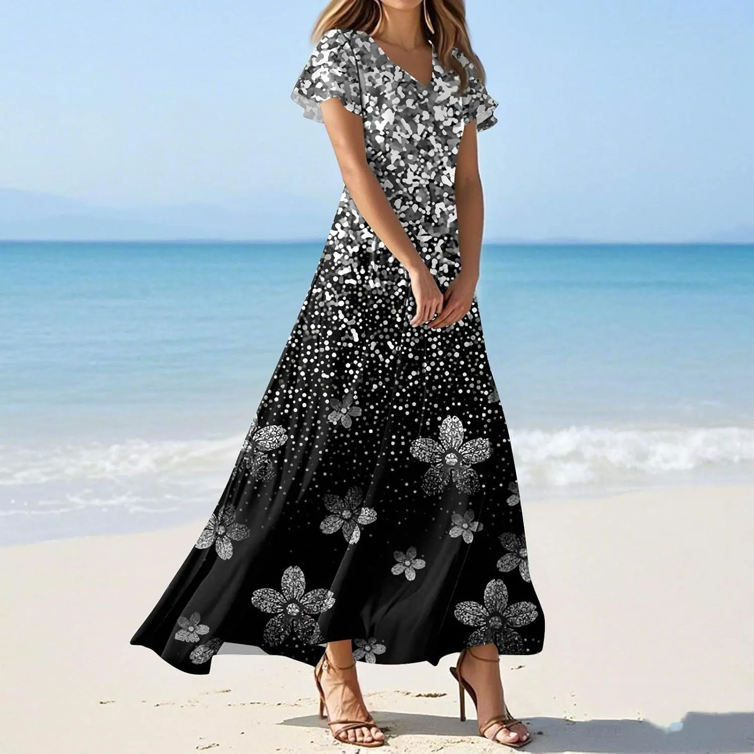 Womens Dresses Summer 2025 Fashion Midi Dress Floral Sleeve V Neck Long Flowy Boho Casual Beach Vacation Dress