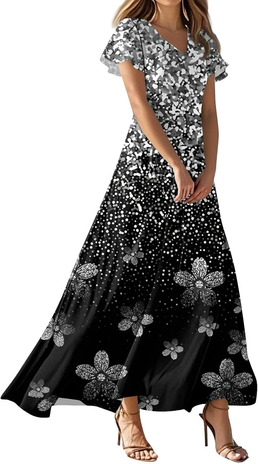Womens Dresses Summer 2025 Fashion Midi Dress Floral Sleeve V Neck Long Flowy Boho Casual Beach Vacation Dress