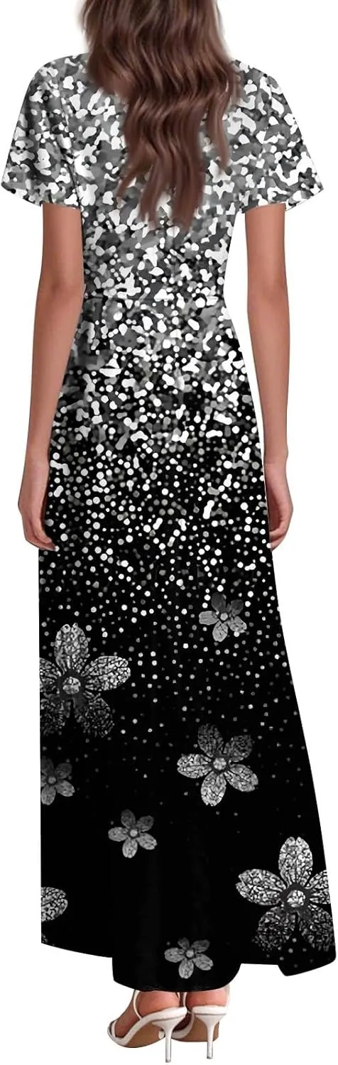 Womens Dresses Summer 2025 Fashion Midi Dress Floral Sleeve V Neck Long Flowy Boho Casual Beach Vacation Dress