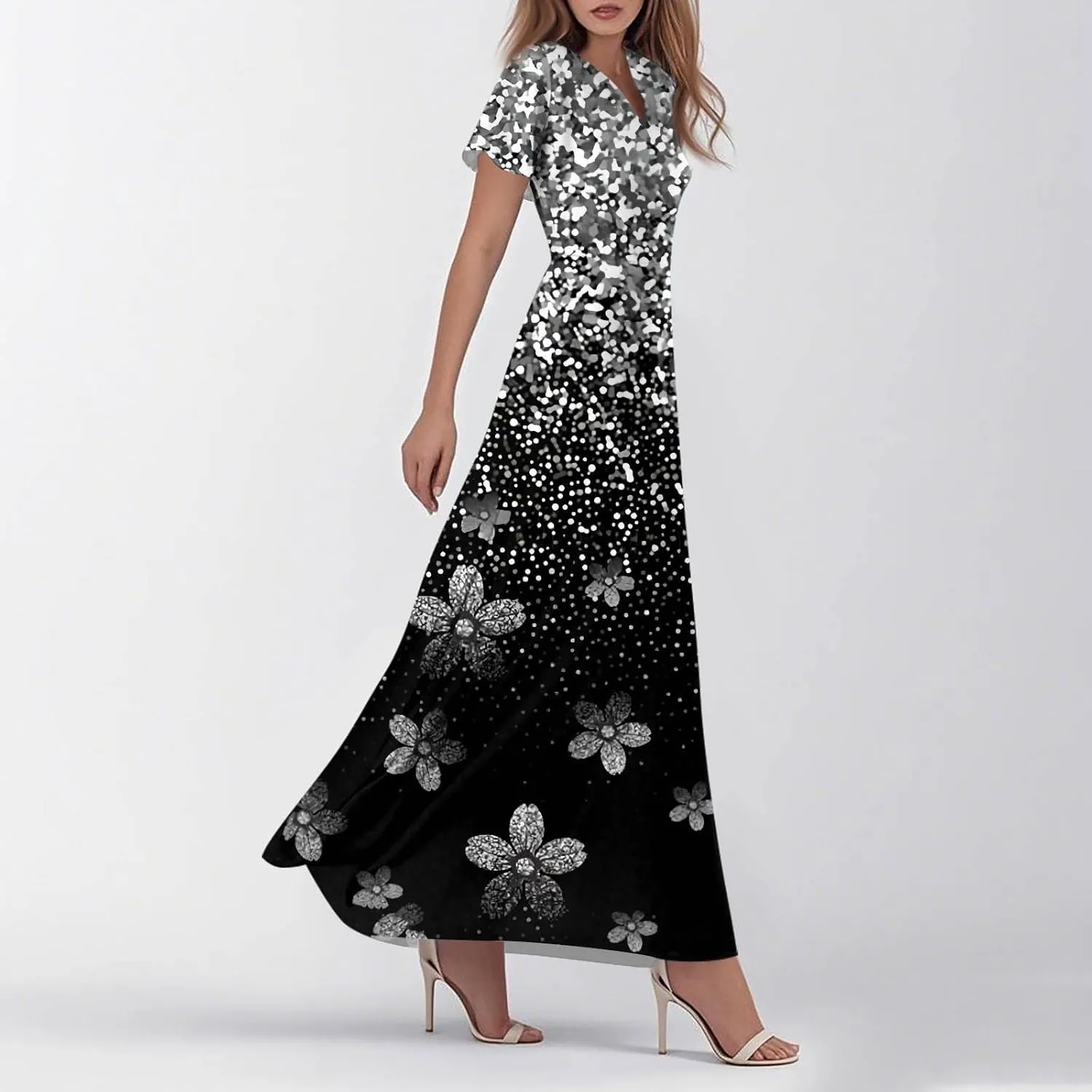 Womens Dresses Summer 2025 Fashion Midi Dress Floral Sleeve V Neck Long Flowy Boho Casual Beach Vacation Dress