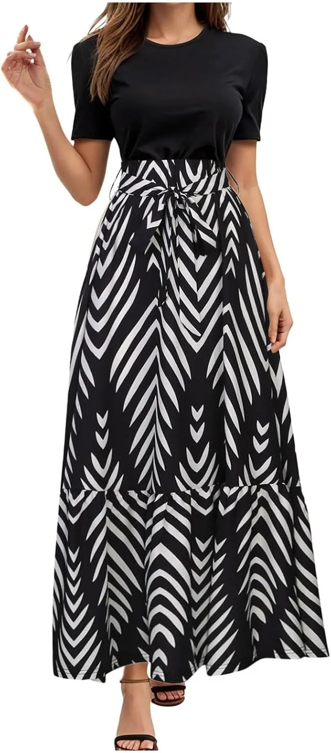 Women's Maxi Dress Floral Print Wrap Short Sleeve Summer Dresses High Waist Swing A Line Sundress Beach Vacaton Outfit 2025