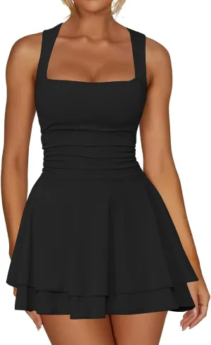 Women's Square Neck Ruffle Hem Mini Dress Sleeveless Ruched Waist Short Dresses Corset Pleated Swing Babydoll Dresses