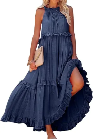 Womens Summer Boho Halter Maxi Dresses 2024 Casual Sleeveless Pleated Tiered Flowy Beach Vacation Long Dress