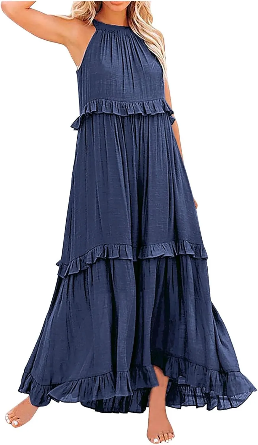 Womens Summer Boho Halter Maxi Dresses 2024 Casual Sleeveless Pleated Tiered Flowy Beach Vacation Long Dress