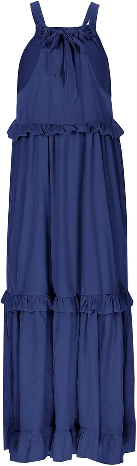 Womens Summer Boho Halter Maxi Dresses 2024 Casual Sleeveless Pleated Tiered Flowy Beach Vacation Long Dress