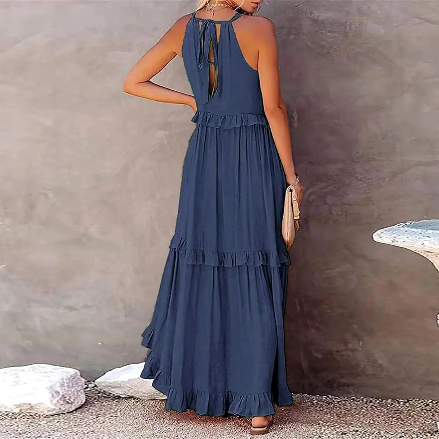 Womens Summer Boho Halter Maxi Dresses 2024 Casual Sleeveless Pleated Tiered Flowy Beach Vacation Long Dress
