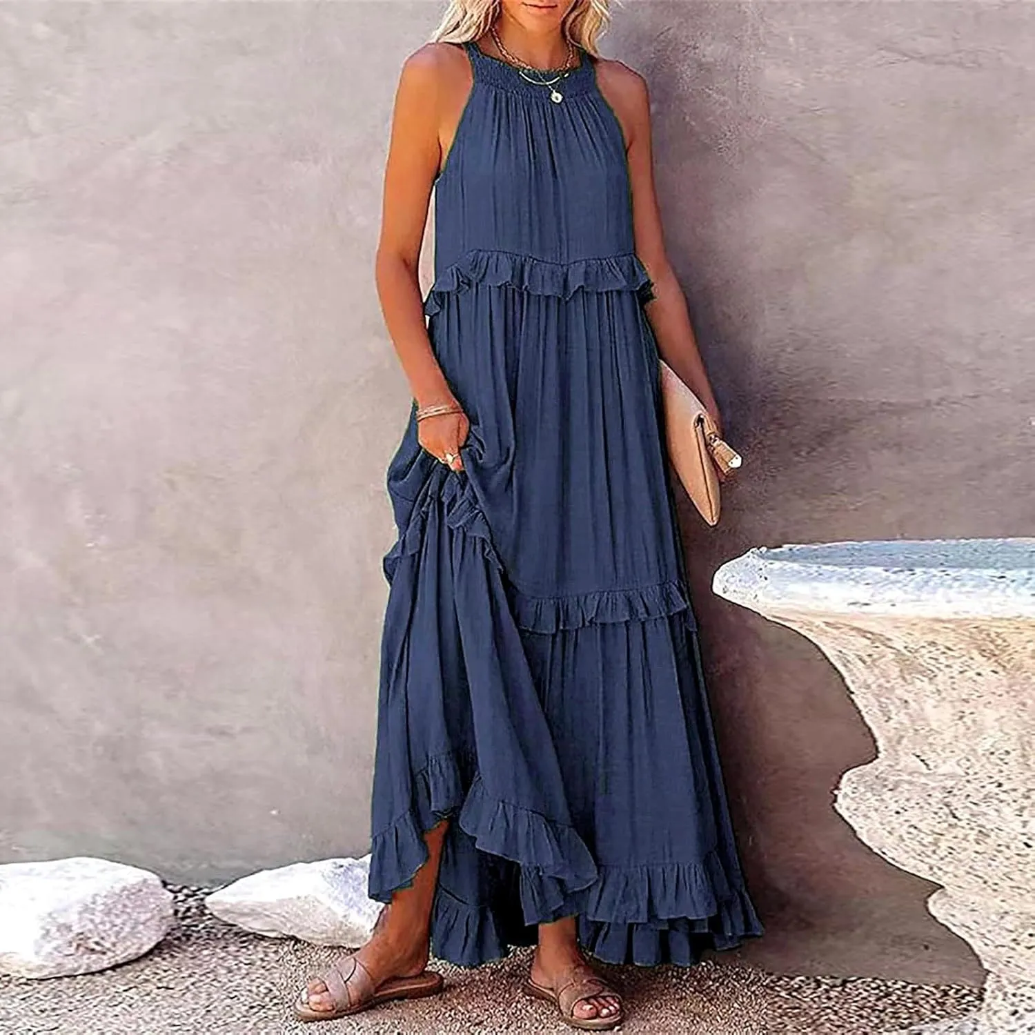 Womens Summer Boho Halter Maxi Dresses 2024 Casual Sleeveless Pleated Tiered Flowy Beach Vacation Long Dress