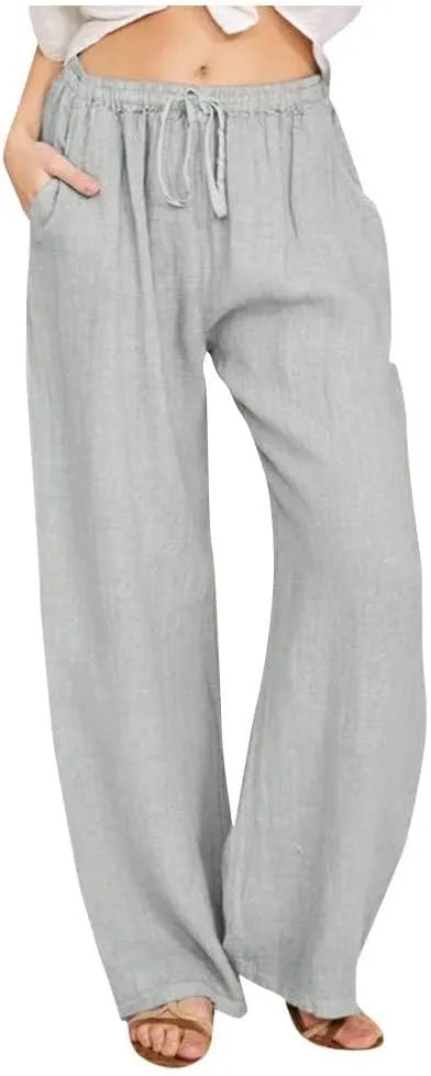 Women's Summer Drawstring Waist Wide Leg Loose Cotton Linen Palazzo Pants Drawstring Casual Trousers Plus Size