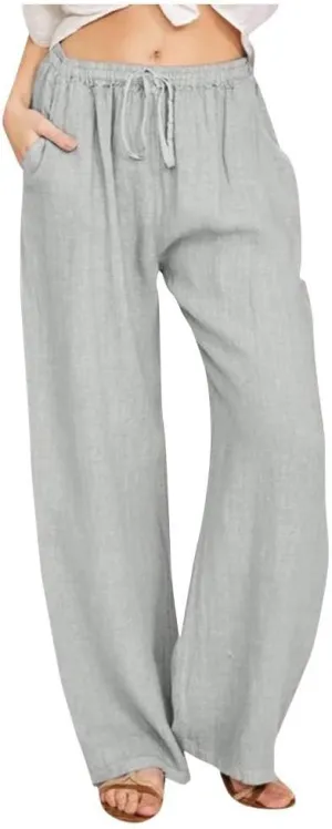Women's Summer Drawstring Waist Wide Leg Loose Cotton Linen Palazzo Pants Drawstring Casual Trousers Plus Size