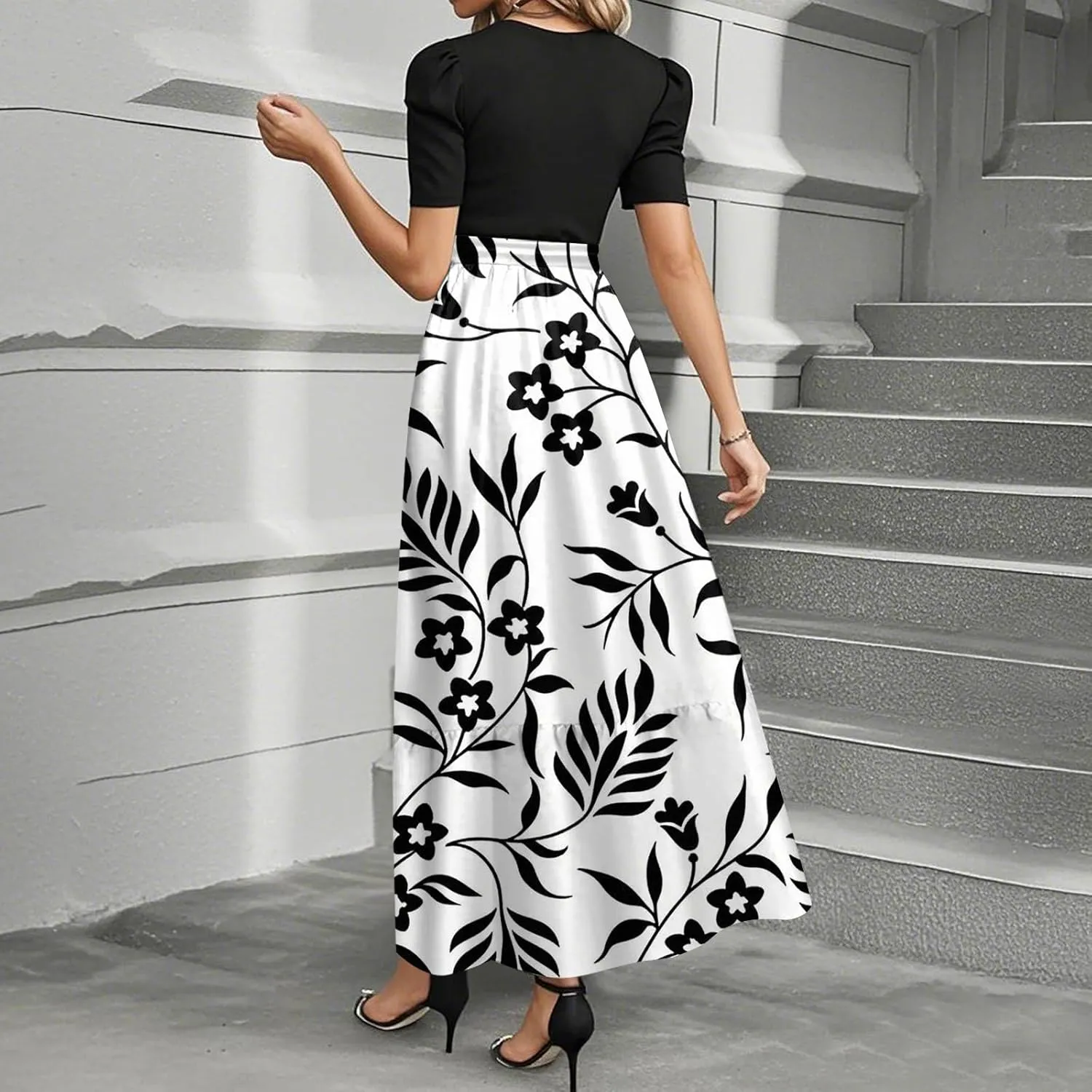 Womens Summer Floral Midi Dresses Cap Sleeve Beach Vacation Dress V Neck Ruffle Long Flowy Boho Casual Long Flowy Dress