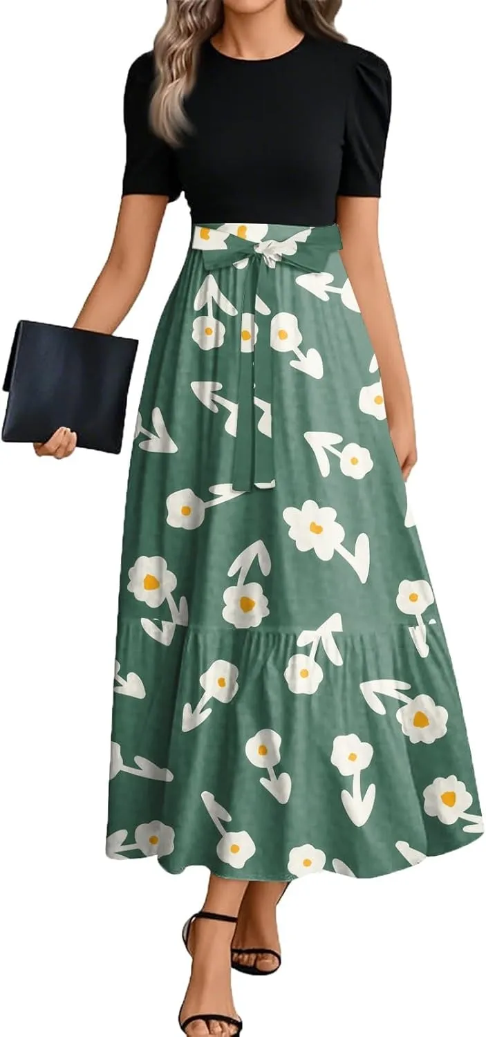 Womens Summer Floral Midi Dresses Cap Sleeve Beach Vacation Dress V Neck Ruffle Long Flowy Boho Casual Long Flowy Dress