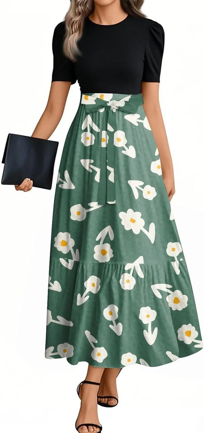 Womens Summer Floral Midi Dresses Cap Sleeve Beach Vacation Dress V Neck Ruffle Long Flowy Boho Casual Long Flowy Dress