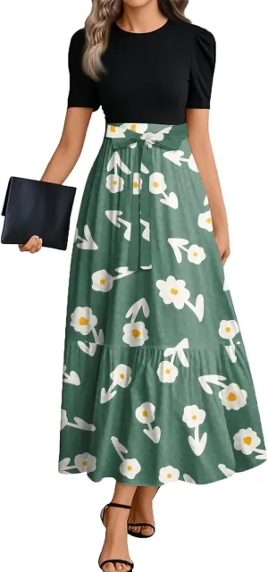 Womens Summer Floral Midi Dresses Cap Sleeve Beach Vacation Dress V Neck Ruffle Long Flowy Boho Casual Long Flowy Dress