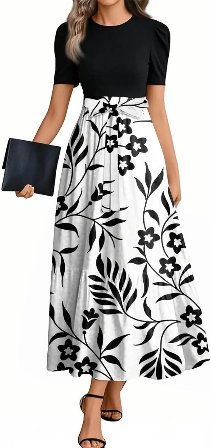 Womens Summer Floral Midi Dresses Cap Sleeve Beach Vacation Dress V Neck Ruffle Long Flowy Boho Casual Long Flowy Dress