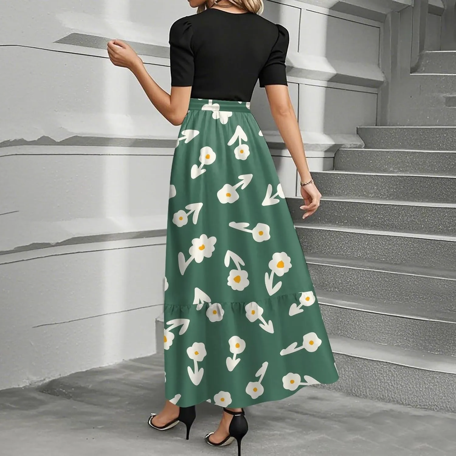 Womens Summer Floral Midi Dresses Cap Sleeve Beach Vacation Dress V Neck Ruffle Long Flowy Boho Casual Long Flowy Dress