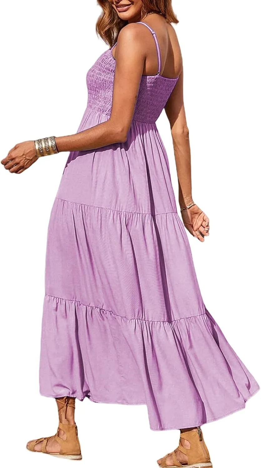 Women's Summer Maxi Dress Square Neck Spaghetti Straps Smocked Casual Beach Sundresses Flowy Tiered Long Dress