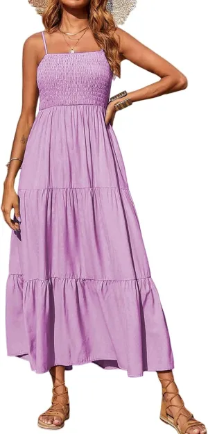 Women's Summer Maxi Dress Square Neck Spaghetti Straps Smocked Casual Beach Sundresses Flowy Tiered Long Dress