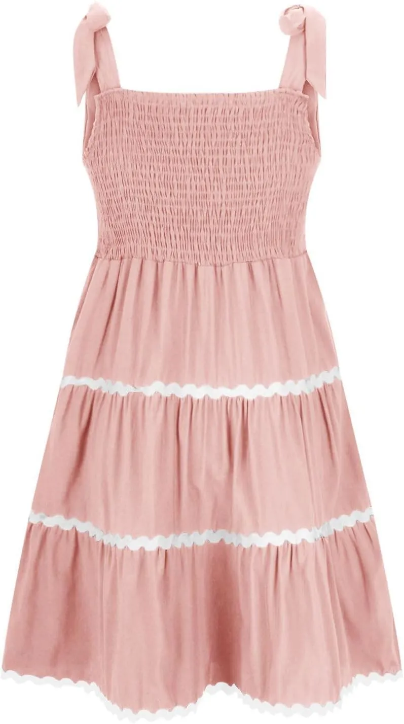 Womens Summer Mini Dress Boho Spaghetti Straps Color Block Swing Dress Casual Square Neck Backless Smocked Sundress