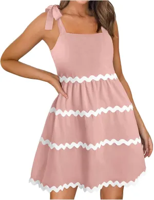 Womens Summer Mini Dress Boho Spaghetti Straps Color Block Swing Dress Casual Square Neck Backless Smocked Sundress
