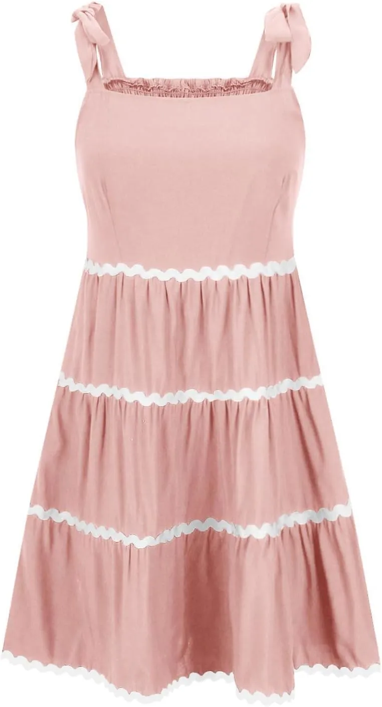 Womens Summer Mini Dress Boho Spaghetti Straps Color Block Swing Dress Casual Square Neck Backless Smocked Sundress
