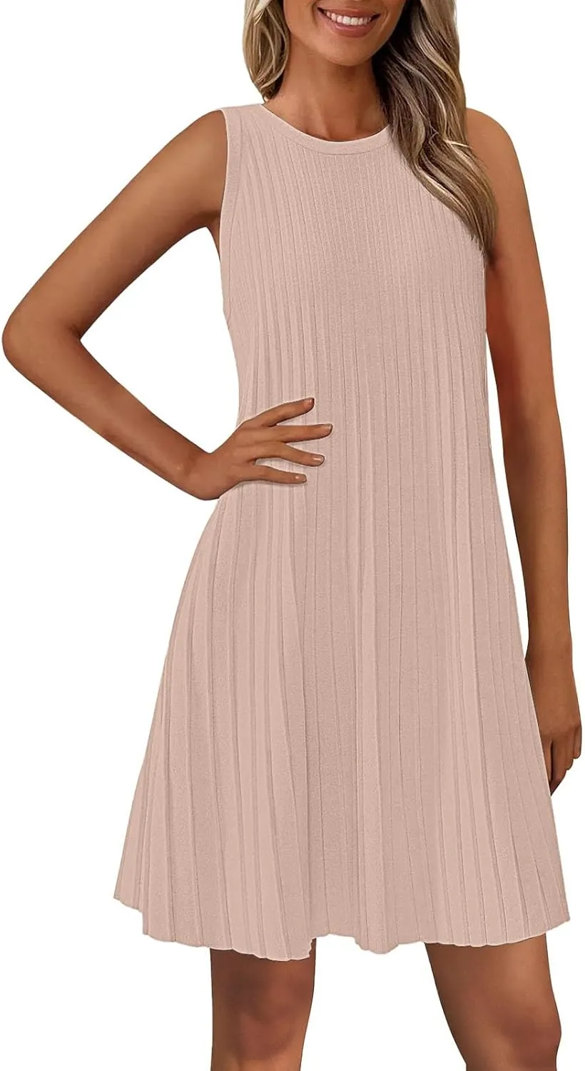 Womens Summer Sleeveless Mini Dress Crewneck Casual A Line Pleated Cover Ups Swing Tank Dresses