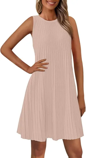 Womens Summer Sleeveless Mini Dress Crewneck Casual A Line Pleated Cover Ups Swing Tank Dresses