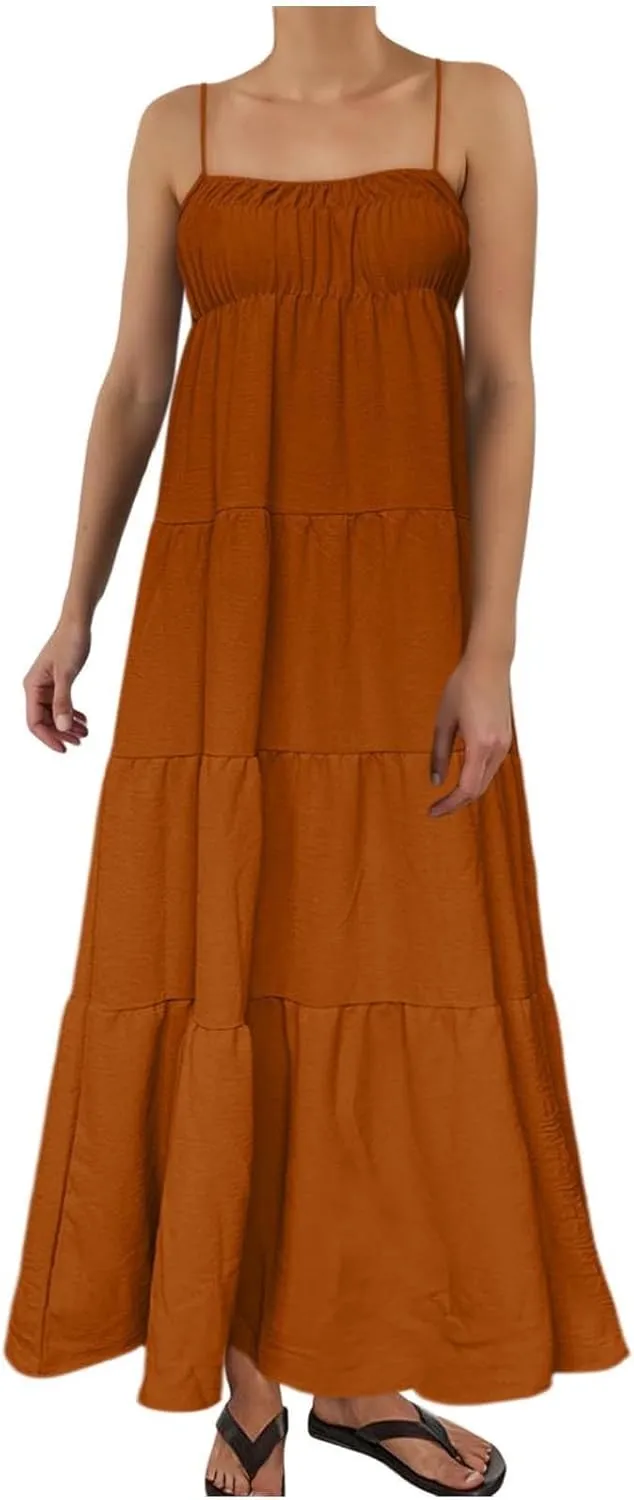 Womens Summer Suspender Dress Boho Sleeveless Pleated Maxi Dress Ruffle Flowy A-Line Elastic Waist Mini Sundress 2025 Trendy