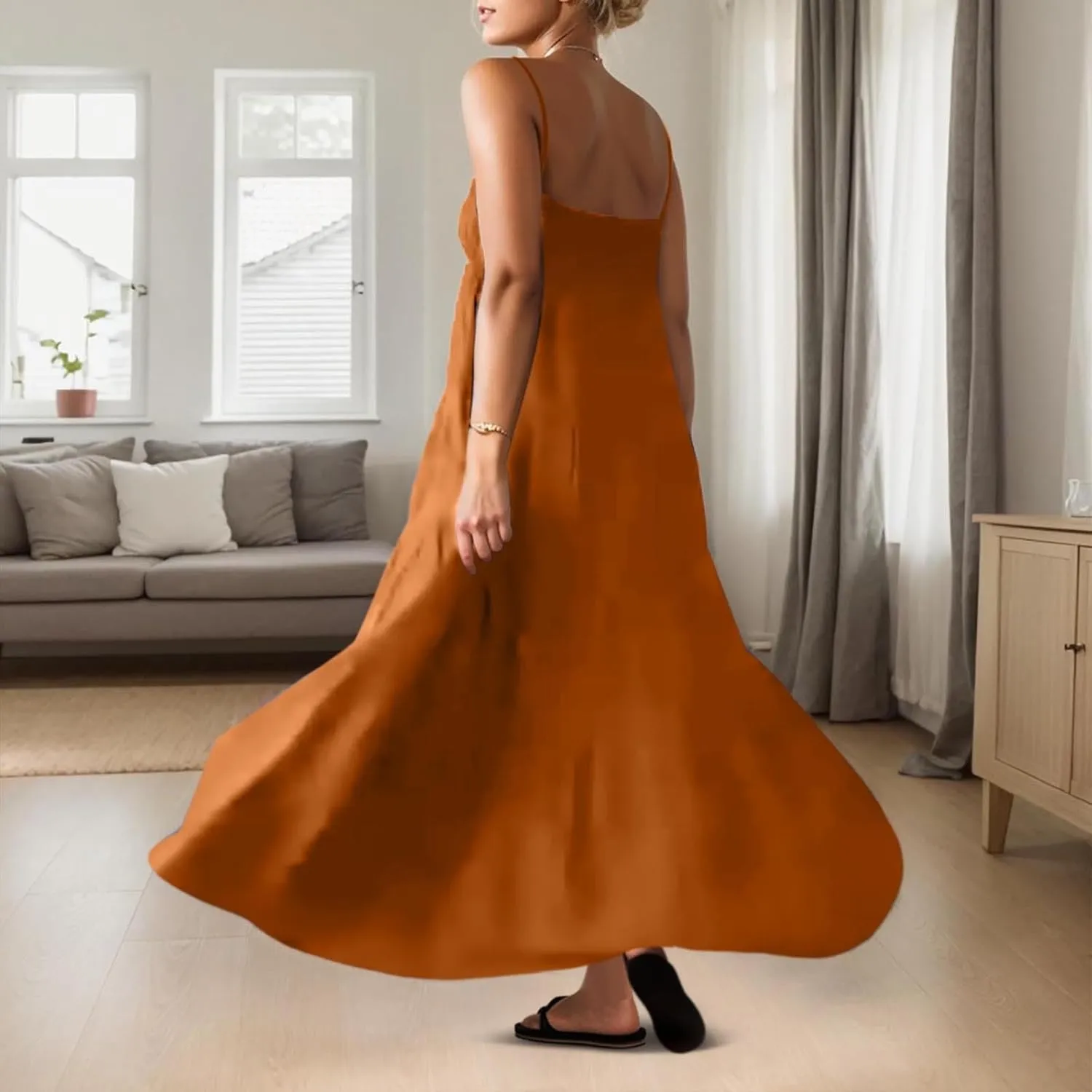 Womens Summer Suspender Dress Boho Sleeveless Pleated Maxi Dress Ruffle Flowy A-Line Elastic Waist Mini Sundress 2025 Trendy