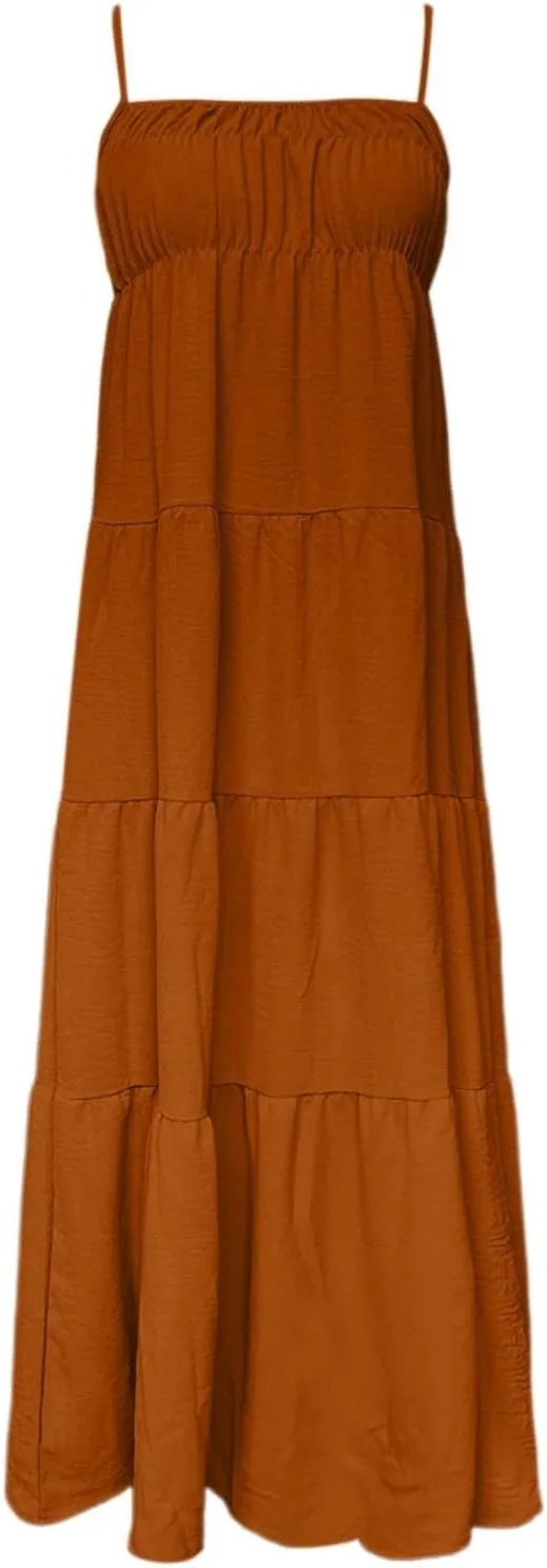 Womens Summer Suspender Dress Boho Sleeveless Pleated Maxi Dress Ruffle Flowy A-Line Elastic Waist Mini Sundress 2025 Trendy