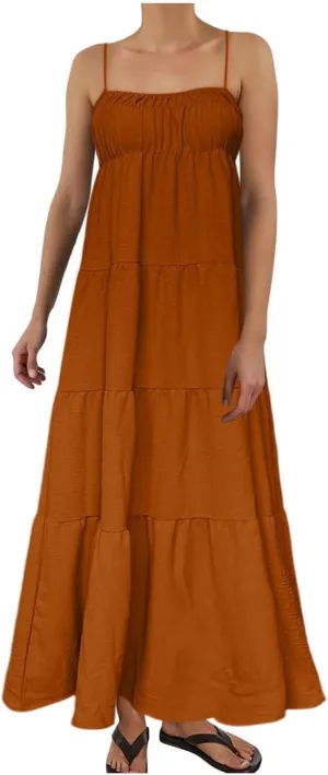 Womens Summer Suspender Dress Boho Sleeveless Pleated Maxi Dress Ruffle Flowy A-Line Elastic Waist Mini Sundress 2025 Trendy
