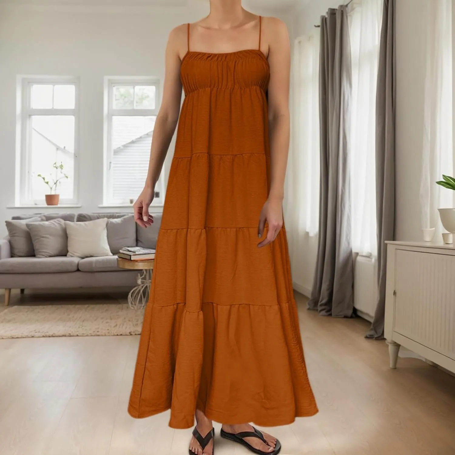 Womens Summer Suspender Dress Boho Sleeveless Pleated Maxi Dress Ruffle Flowy A-Line Elastic Waist Mini Sundress 2025 Trendy
