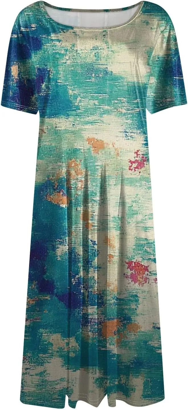 Women's Sun Dresses 2025 Vacation Loose Trendy Short Sleeve Round Neck Floral Print Midi Clothes Plus Size, S-3XL